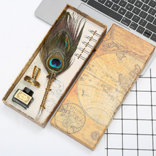 Load image into Gallery viewer, Natural Peacock Feather Dip Pen Boxed Set