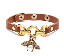 Load image into Gallery viewer, Bee Pendant Charms Bracelet & Bangle Style Brown Leather Metal Button