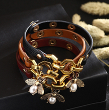 Load image into Gallery viewer, Bee Pendant Charms Bracelet & Bangle Style Brown Leather Metal Button