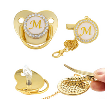 Load image into Gallery viewer, Gold Baby Pacifier & Clip - Alphabet Letter Infant Pacifier Unique