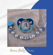 Load image into Gallery viewer, Blue Metallic Baby Pacifier & Clip - Alphabet Letter Infant Pacifier Unique