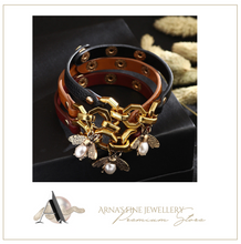 Load image into Gallery viewer, Bee Pendant Charms Bracelet & Bangle Style Brown Leather Metal Button