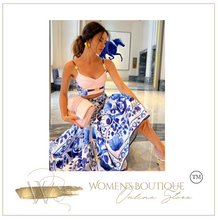 Load image into Gallery viewer, "Arna" Collection - Elegant Spaghetti Strap Top+Blue and White Porcelain Skirt - 2 Piece Set