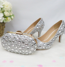 Load image into Gallery viewer, Limited Edition - Luxury Lace Shoe Set - Many colours & Sizes (Shoe + Clutch) Silver Crystal Bride High heels ladies party dress shoes woman Round Toe