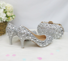 Load image into Gallery viewer, Limited Edition - Luxury Lace Shoe Set - Many colours & Sizes (Shoe + Clutch) Silver Crystal Bride High heels ladies party dress shoes woman Round Toe