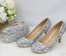 Load image into Gallery viewer, Limited Edition - Luxury Lace Shoe Set - Many colours & Sizes (Shoe + Clutch) Silver Crystal Bride High heels ladies party dress shoes woman Round Toe