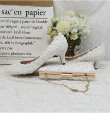 Load image into Gallery viewer, White Flower Wedding Shoes and Bags Sets Ladies Pointed Toe shoes Woman High Heel & Matching Bag