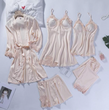 Load image into Gallery viewer, "Arna" Collection - Lace 5 PCS Sleepwear Nightgown Kimono Bathrobe Gown Satin Lady Nighty & Robe
