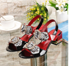 Load image into Gallery viewer, Luxury Women's Sandals Jewelled Square Heel Serpentine Butterfly-Knot Rivet Rhinestone Shoes