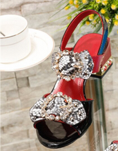Load image into Gallery viewer, Luxury Women's Sandals Jewelled Square Heel Serpentine Butterfly-Knot Rivet Rhinestone Shoes