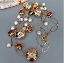 Load image into Gallery viewer, Freshwater Cultured White Biwa Pearl Brown Murano Glass Chain Y-Drop Necklace 21"
