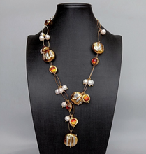 Load image into Gallery viewer, Freshwater Cultured White Biwa Pearl Brown Murano Glass Chain Y-Drop Necklace 21"
