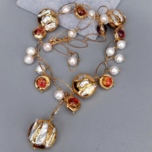 Load image into Gallery viewer, Freshwater Cultured White Biwa Pearl Brown Murano Glass Chain Y-Drop Necklace 21"
