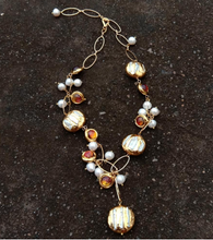 Load image into Gallery viewer, Freshwater Cultured White Biwa Pearl Brown Murano Glass Chain Y-Drop Necklace 21"
