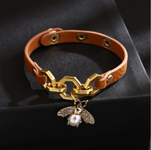 Load image into Gallery viewer, Bee Pendant Charms Bracelet &amp; Bangle Style Brown Leather Metal Button
