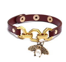 Load image into Gallery viewer, Bee Pendant Charms Bracelet &amp; Bangle Style Brown Leather Metal Button

