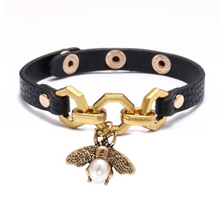 Load image into Gallery viewer, Bee Pendant Charms Bracelet &amp; Bangle Style Brown Leather Metal Button
