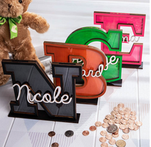 Load image into Gallery viewer, Child's Room - Piggy Bank Letters Alphabet/Name - Wooden Name Art - Customise Name) Wall Feature or Book Shelf
