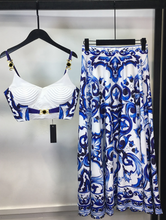 Load image into Gallery viewer, "Arna" Collection - Elegant Spaghetti Strap Top＋Blue and White Porcelain Skirt - 2 Piece Set
