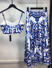 Load image into Gallery viewer, "Arna" Collection - Elegant Spaghetti Strap Top＋Blue and White Porcelain Skirt - 2 Piece Set
