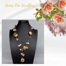 Load image into Gallery viewer, Freshwater Cultured White Biwa Pearl Brown Murano Glass Chain Y-Drop Necklace 21"
