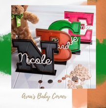 Load image into Gallery viewer, Child's Room - Piggy Bank Letters Alphabet/Name - Wooden Name Art - Customise Name) Wall Feature or Book Shelf
