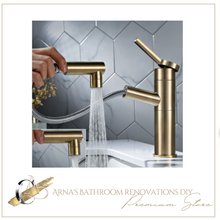 Load image into Gallery viewer, "Arna" Collection - Pull Out Basin Faucets Brass Sink Mixer Tap Hot &amp; Cold Single Handle Brushed Gold Bathroom/Lavatory Water Crane Vessel Copper
