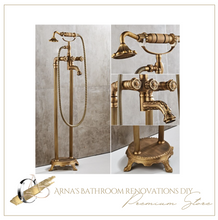 Load image into Gallery viewer, "Arna" Collection - Bathtub Faucet Antique Brass Carved Bath Shower Faucet Hot &amp; Cold Mixer Tap With Handheld Shower Floor Standing Style
