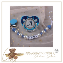 Load image into Gallery viewer, Blue Metallic Baby Pacifier &amp; Clip - Alphabet Letter Infant Pacifier Unique
