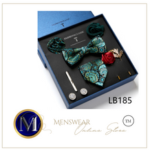 Load image into Gallery viewer, Luxury Mens Silk Bow Tie &amp; Clips Lapel Pin Cufflinks Set - Gift Boxed - Many Colours
