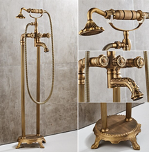 Load image into Gallery viewer, "Arna" Collection - Bathtub Faucet Antique Brass Carved Bath Shower Faucet Hot &amp; Cold Mixer Tap With Handheld Shower Floor Standing Style
