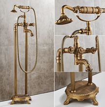 Load image into Gallery viewer, "Arna" Collection - Bathtub Faucet Antique Brass Carved Bath Shower Faucet Hot &amp; Cold Mixer Tap With Handheld Shower Floor Standing Style
