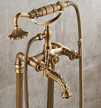 Load image into Gallery viewer, "Arna" Collection - Bathtub Faucet Antique Brass Carved Bath Shower Faucet Hot &amp; Cold Mixer Tap With Handheld Shower Floor Standing Style
