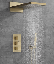 Load image into Gallery viewer, "Arna" Collection - Bath Shower Faucet Set Auto - Thermostat Control Brass Brushed Gold/Black In-Wall Shower Mixer Tap Hot &amp; Cold Hand held Shower

