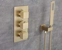 Load image into Gallery viewer, "Arna" Collection - Bath Shower Faucet Set Auto - Thermostat Control Brass Brushed Gold/Black In-Wall Shower Mixer Tap Hot &amp; Cold Hand held Shower

