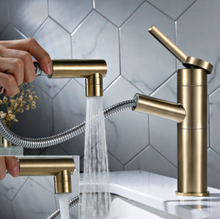 Load image into Gallery viewer, "Arna" Collection - Pull Out Basin Faucets Brass Sink Mixer Tap Hot &amp; Cold Single Handle Brushed Gold Bathroom/Lavatory Water Crane Vessel Copper
