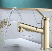Load image into Gallery viewer, "Arna" Collection - Pull Out Basin Faucets Brass Sink Mixer Tap Hot &amp; Cold Single Handle Brushed Gold Bathroom/Lavatory Water Crane Vessel Copper
