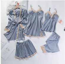 Load image into Gallery viewer, "Arna" Collection - Lace 5 PCS Sleepwear Nightgown Kimono Bathrobe Gown Satin Lady Nighty &amp; Robe
