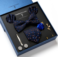 Load image into Gallery viewer, Luxury Mens Silk Bow Tie &amp; Clips Lapel Pin Cufflinks Set - Gift Boxed - Many Colours
