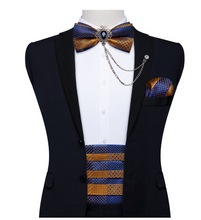 Load image into Gallery viewer, Men's Tuxedo Cummerbund Silk Bow Tie Handkerchief Brooch Chain Set - Gift Boxed
