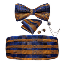 Load image into Gallery viewer, Men's Tuxedo Cummerbund Silk Bow Tie Handkerchief Brooch Chain Set - Gift Boxed
