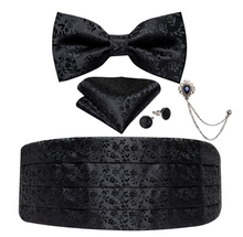 Load image into Gallery viewer, Men's Tuxedo Cummerbund Silk Bow Tie Handkerchief Brooch Chain Set - Gift Boxed
