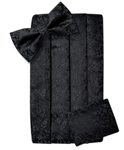 Load image into Gallery viewer, Men's Tuxedo Cummerbund Silk Bow Tie Handkerchief Brooch Chain Set - Gift Boxed
