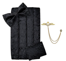 Load image into Gallery viewer, Men's Tuxedo Cummerbund Silk Bow Tie Handkerchief Brooch Chain Set - Gift Boxed
