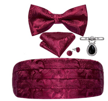Load image into Gallery viewer, Men's Tuxedo Cummerbund Silk Bow Tie Handkerchief Brooch Chain Set - Gift Boxed
