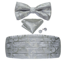 Load image into Gallery viewer, Men's Tuxedo Cummerbund Silk Bow Tie Handkerchief Brooch Chain Set - Gift Boxed
