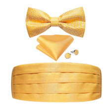 Load image into Gallery viewer, Men's Tuxedo Cummerbund Silk Bow Tie Handkerchief Brooch Chain Set - Gift Boxed
