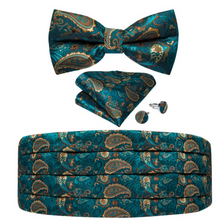Load image into Gallery viewer, Men's Tuxedo Cummerbund Silk Bow Tie Handkerchief Brooch Chain Set - Gift Boxed
