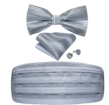 Load image into Gallery viewer, Men's Tuxedo Cummerbund Silk Bow Tie Handkerchief Brooch Chain Set - Gift Boxed
