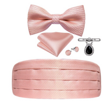 Load image into Gallery viewer, Men's Tuxedo Cummerbund Silk Bow Tie Handkerchief Brooch Chain Set - Gift Boxed
